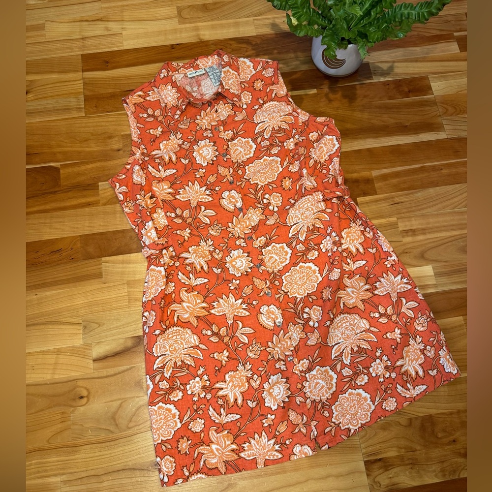 🏵️Vintage White Stag Floral Button-Down Dress – XL - Linen Blend